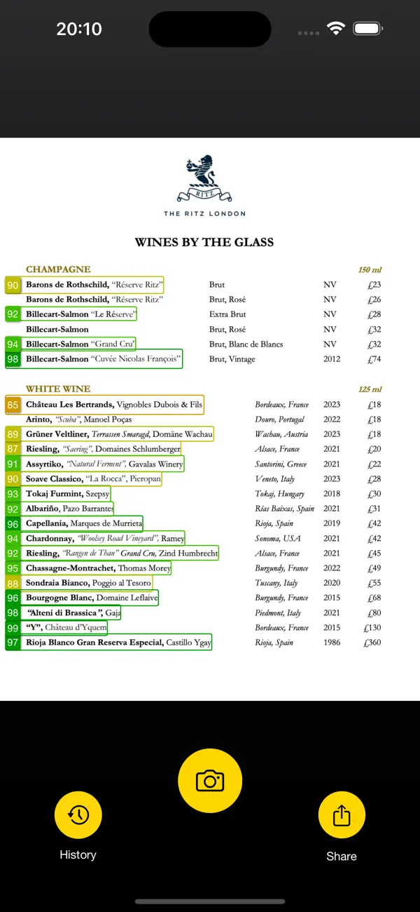 Sommify analysing a wine menu on an iPhone