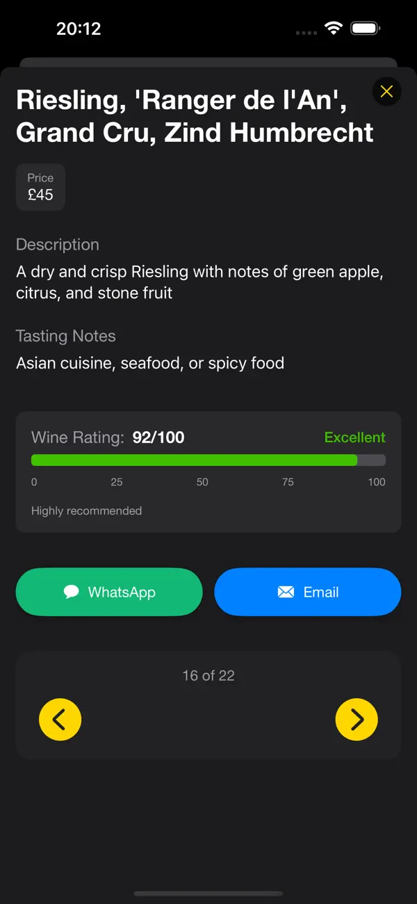 Sommify wine recommendation on an iPhone